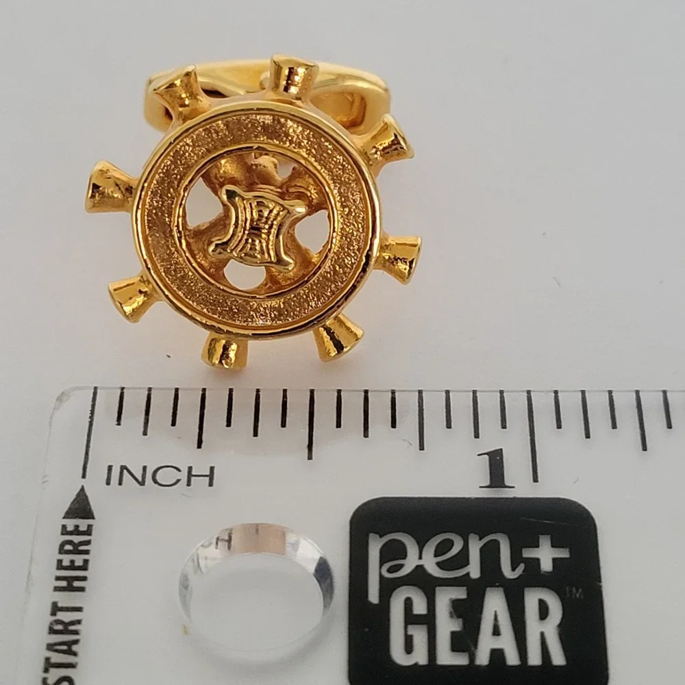 Celine Vintage Gold Tone Macadam Triomphe Ship Wheel Cufflinks Made in Italy